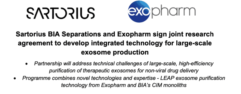 Sartorius BIA Separations and Exopharm sign joint research agreement to develop integrated technology for large-scale exosome production